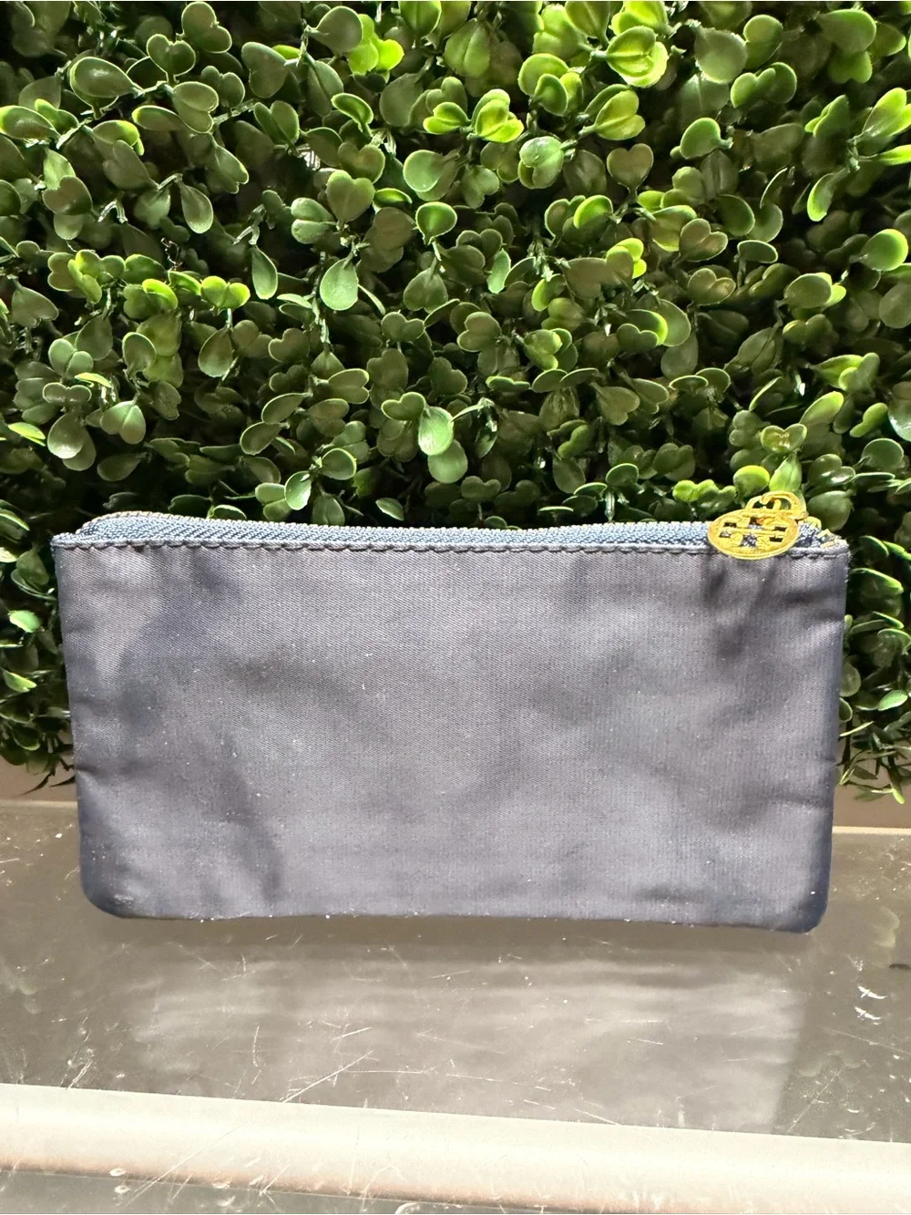 Tory Burch Navy Fabric Cosmetic Pouch with Gold Logo